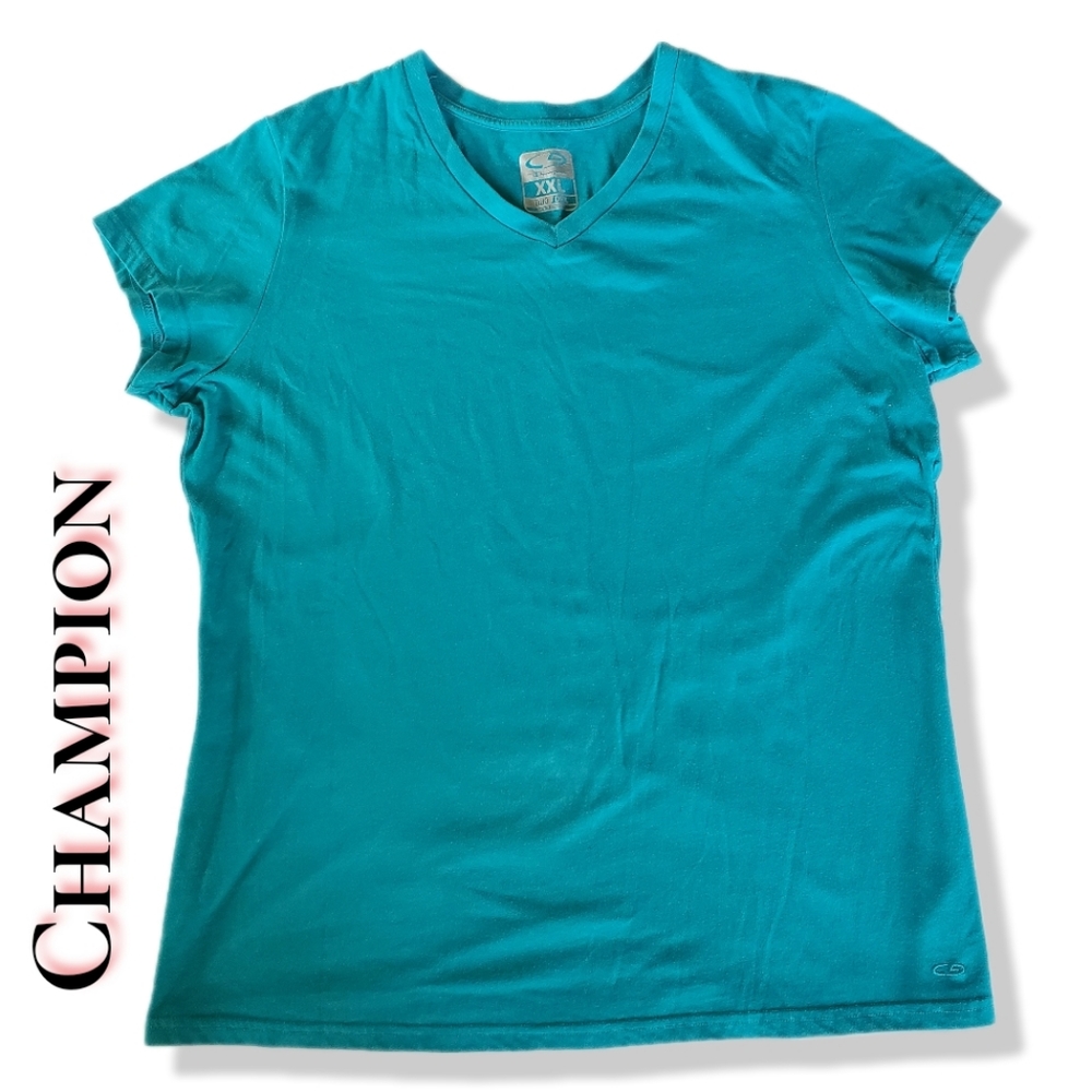 Champion Womens Basic Teal Blue VNeck Tee Shirt T Shirt Top Poly Cotton Size XXL - Picture 1 of 2